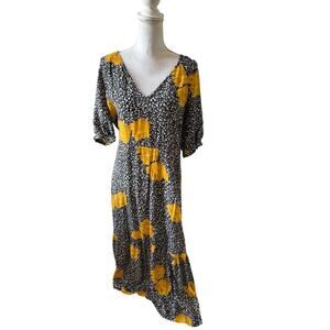 ModCloth V Neck Maxi Dress Black White Yellow Bold Floral Print S